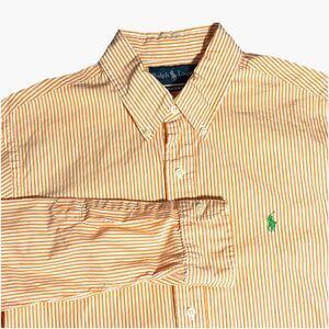 Ralph Lauren Orange White Stripe Custom Fit Button Down Shirt Green Pony Men’s L